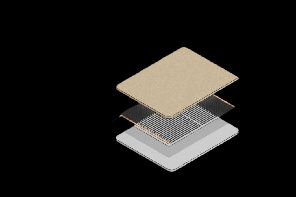Layers of the Quentex heating system: fabric, graphene PTC film, insulation