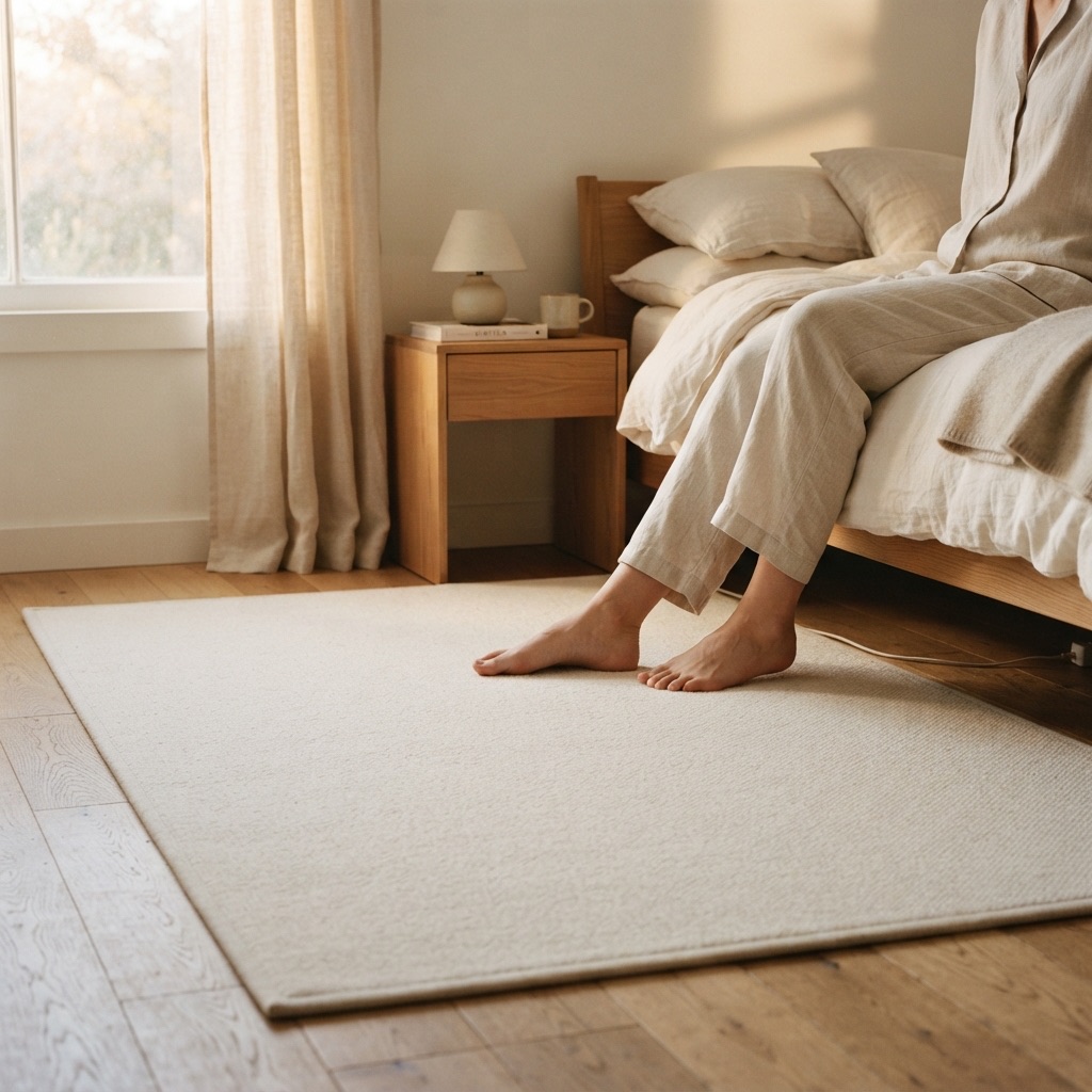 Quentex heated rug 155×230 cm in a bedroom