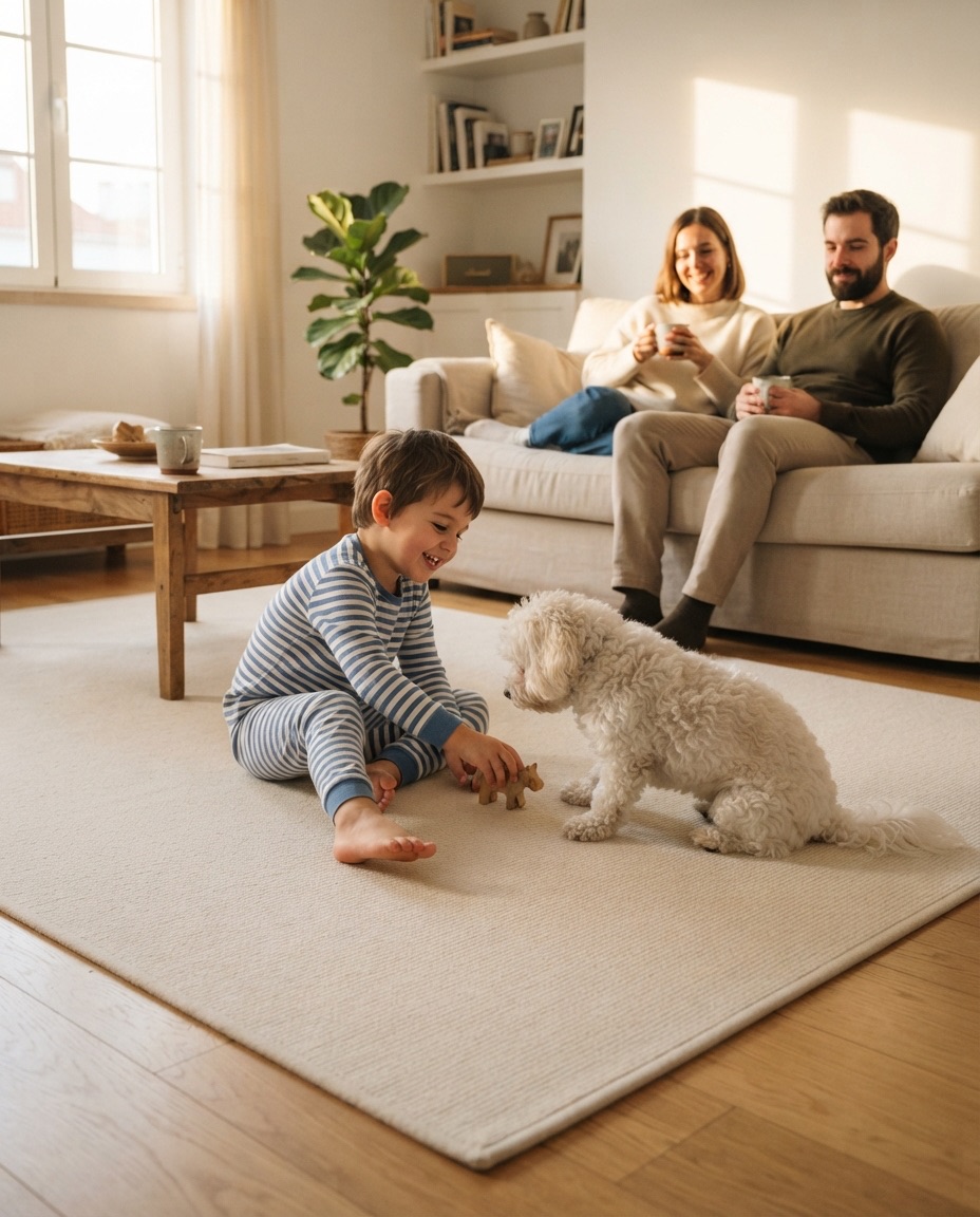 Family on a Quentex heated rug in a warm living room