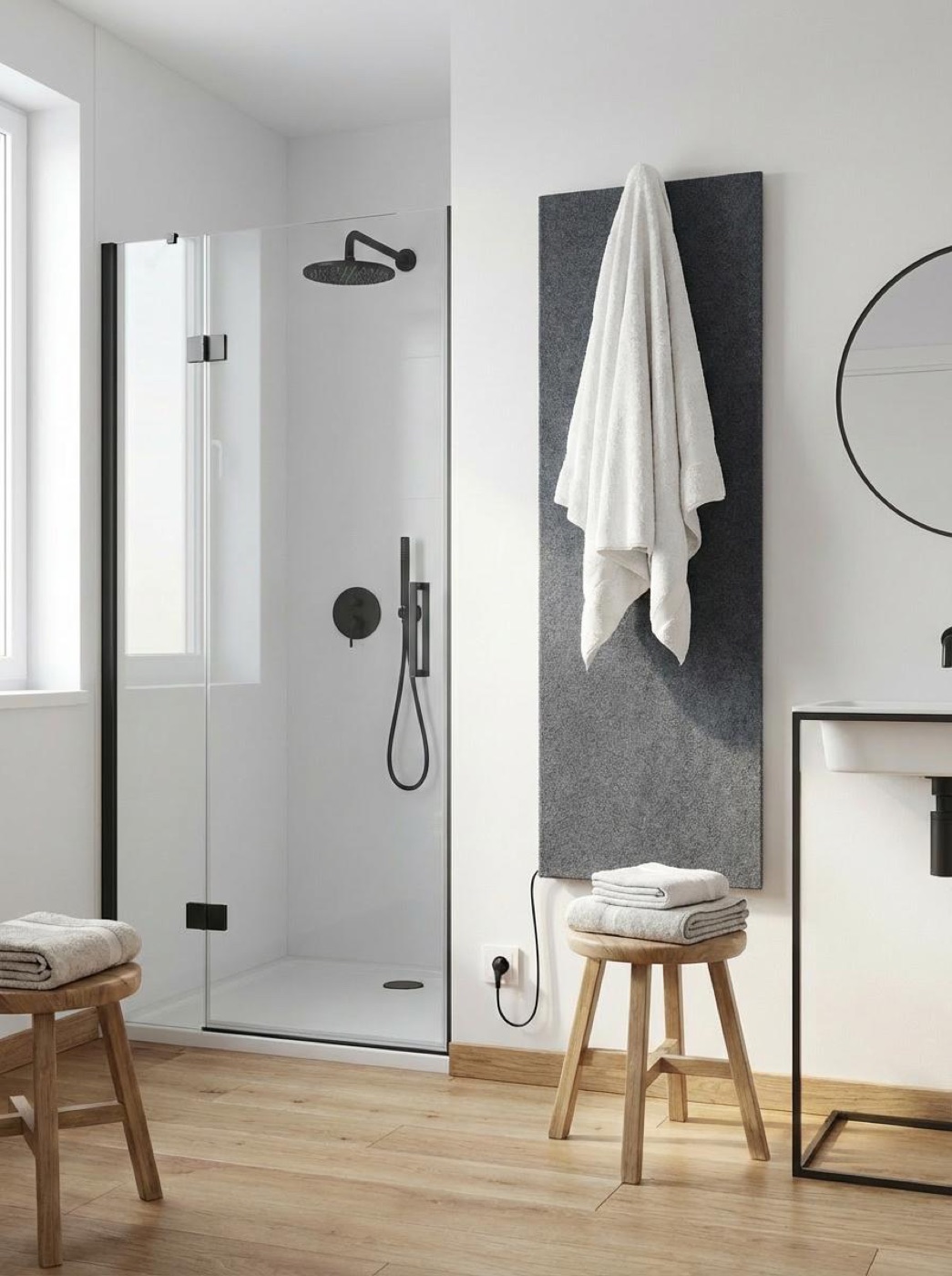 QUENTEX towel heater in a modern bathroom